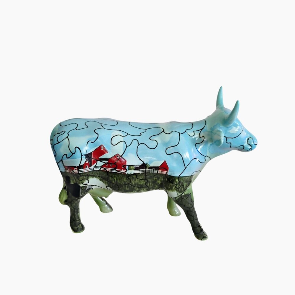 Cow Parade Puzzled Cow Figurine, Vintage 2001, Red Barn Farmhouse Jigsaw Puzzle - Picture 2 of 8